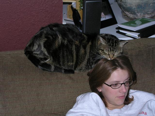 Bailey naps on Kathy's head